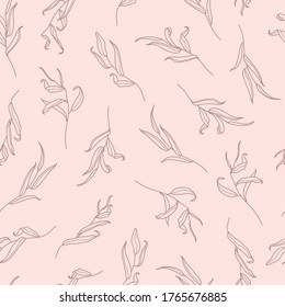 Willow Branch with Leaves Seamless Pattern in a Trendy Minimal Style. Outline of a Botanical Background. Floral Pink Vector Ornament for printing on fabric, invitation, wrapping, wallpaper and other