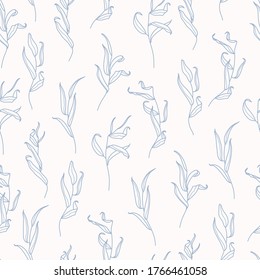 Willow Branch with Leaves Seamless Pattern in a Trendy Minimal Style. Outline of a Botanical Background. Floral Pink Vector Ornament for printing on fabric, invitation, wrapping, wallpaper and other
