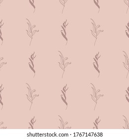 Willow Branch with Leaves Seamless Pattern in a Trendy Minimal Style. Outline of a Botanical Background. Floral Pink Vector Ornament for printing on fabric, invitation, wrapping, wallpaper and other