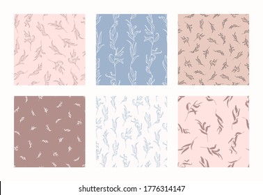 Willow Branch with Leaves Seamless Pattern in a Trendy Minimal Style. Outline of a Botanical Background. Floral Vector Ornament for printing on fabric, invitation, wrapping, wallpaper and other