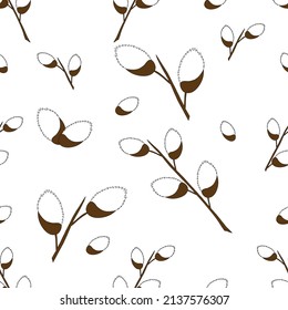 willow branch on a white background.seamless pattern - the day of bright Easter. flat illustration.