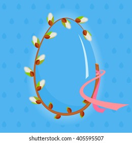 Willow branch with a pink ribbon and Easter egg on a blue background