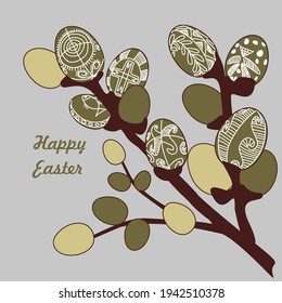 Willow branch (Salix caprea) with colored egg buds. Happy Easter greeting card. Easter patterns handmade. Ethnic motives