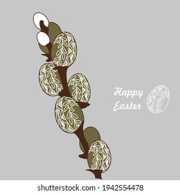 Willow branch (Salix caprea) with colored egg buds. Happy Easter greeting card. Easter patterns handmade. Ethnic motives