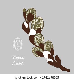 Willow branch (Salix caprea) with colored egg buds. Happy Easter greeting card. Easter patterns handmade. Ethnic motives