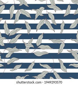 Nahtloses Muster der Willow Branch. Blassgrüne Eukalyptus-Blätter auf dunkelblauem, gestreiftem Hintergrund. Pflanze, Twig-Ornament. Blumenvektorstruktur für den Stoffdruck, Scrapbooking, Umhüllung, Geschenkpapier