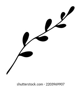 Willow Branch Vector Icon. Black Silhouette Of A Twig With Leaves. Hand Drawn Illustration Isolated On White. A Wild Forest Plant, A Sprig Of A Tree. Clipart For Cards, Cosmetics, Logo, Web, Print