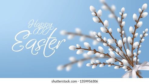 Willow branches bouquet Easter card. Happy holiday decor. Bright Blue background