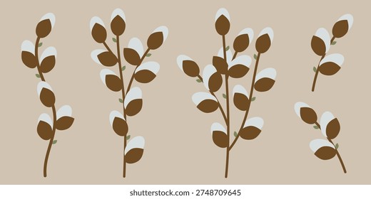 Willow Branches with Catkins and Green Leaves Vector Spring Elements. Spring willow branches with fluffy catkins and small green leaves. Decorative botanical elements perfect for seasonal banners, greeting cards, invitations and Easter design