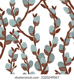 Willow branches in flat style. Vector seamless pattern. For print, fabric, design, etc.