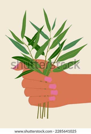Willow branches with green leaves form a bouquet that a person holds in his hand. The Christian holiday of Palm Sunday preceding Easter. Vector.