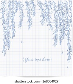 Willow branches hand-drawn on squared paper. Vector illustration.