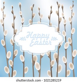 Willow branches on blurred sky blue background. Palm sunday vector illustration.