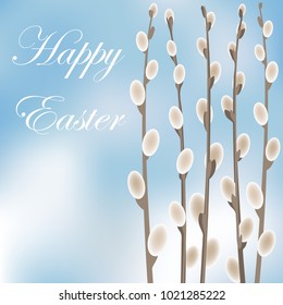 Willow branches on blurred sky blue background. Palm sunday vector illustration.