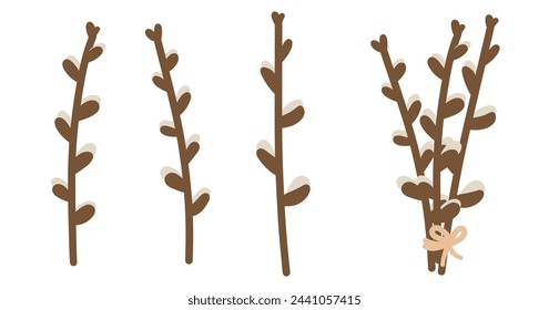 Willow branches set. Spring Easter branch. Cute plant in cartoon style. Collection of three branches and bouquet. Hand drawn vector illustration isolated on white.