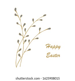 Willow branches. Spring flowering tree. Palm Sunday holiday. Inscription Happy easter. Colorful illustration vector