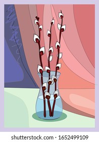 willow branches with swollen buds in a vase surrounded by drapery. vertical cover. still-life. picturesque color drawing by hand. poster, picture.