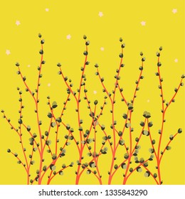 Willow branches template in hand drawn style. Сartoon willow on yellow background. Vector design element
