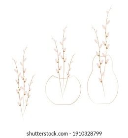 Willow branches in a transparent vase. Spring attribute, a symbol of spring. Vector design element