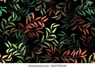 Salgueiro galhos árvore folhas chique vetor sem emenda padrão. Impressão têxtil de vestido de moda de verão.  Ornamento de silhueta de flora de selva. Ilustração de galhos de plantas. Impressão de folhagem de árvore.