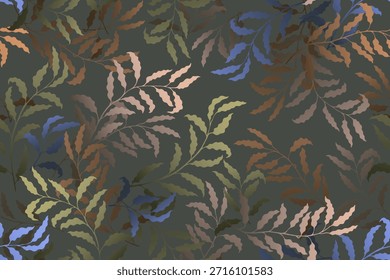 Willow branches tree leaves chic vector seamless pattern. Wallpaper or wrapping paper print.  Jungle flora silhouette ornament. Beautiful plant design. Leaves on branches print.