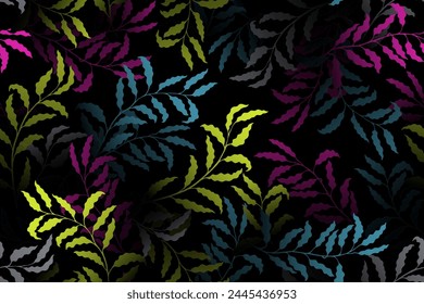 Willow branches tree leaves rich vector seamless pattern. Summer fashion dress fabric print. Tropical rainforest foliage floral pattern. Plant twigs illustration. Tree foliage print.