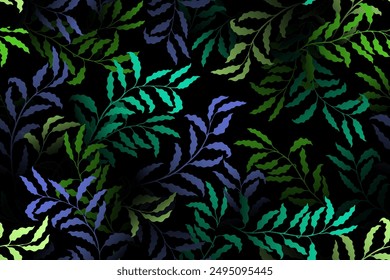 Willow branches tree leaves rich vector seamless pattern. Summer fashion dress fabric print. Tropical rainforest foliage floral pattern. Organic nature design. Tree foliage swatch.