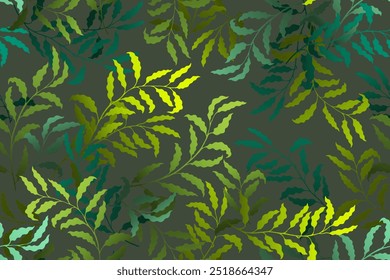 Willow branches tree leaves rich vector seamless pattern. Summer fashion dress textile print. Natural decorative ornament. Plant twigs illustration. Tree foliage swatch.