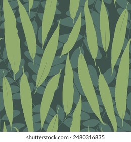 Willow and cacia leaf seamless pattern. Silhouette of green leaves on textured background. Vector. Modern summer elegant design for fabric, wallpaper, wrapping paper, linens.