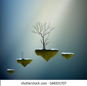 willow catkin tree on flying rock, first spring ray in the wonderland,  spring willow catkin tree in the dreamland, vector