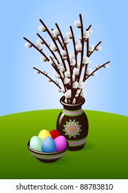 Willow Catkin Twigs in Brown Vase with Easter Eggs