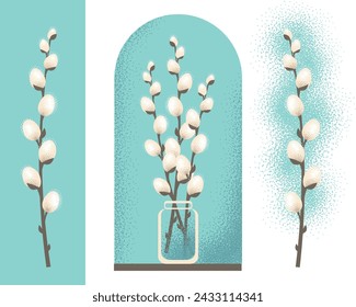 Willow Catkins Zweige Kollektion mit Punkten Textur im Retro-Stil. Ostern Frühling Zweige Bouquet in Glasvase Vektor-Illustration isoliert auf weißem Hintergrund.