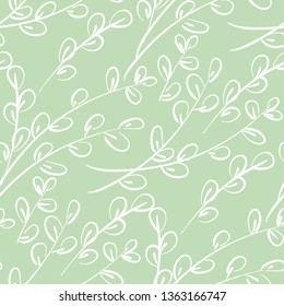 Willow catkins branches hand drawn seamless pattern. White spring flowers twigs on pastel green background. Vintage botanical textile vector ornament. Floral outline backdrop, wrapping paper