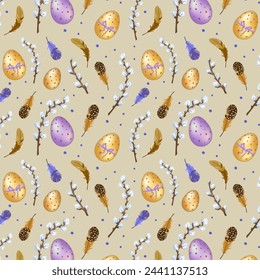 Willow and Easter eggs in a pattern.Vector seamless pattern with willow branches, colorful Easter eggs and feathers.