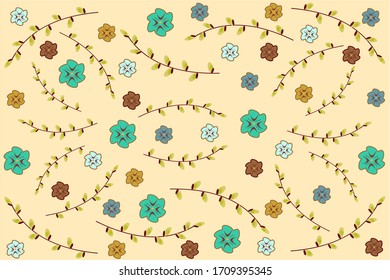 Relájate con flores en el fondo beige. Estilo acogedor. Tela, textil, diseño, textura, adorno. Sauce de primavera. Temporada de flores. Decoración florida. Fiesta de celebración. Ilustración vectorial.