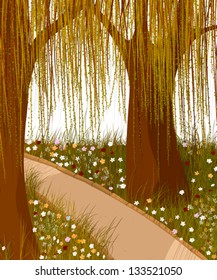 Willow forest and alley. Vector background.