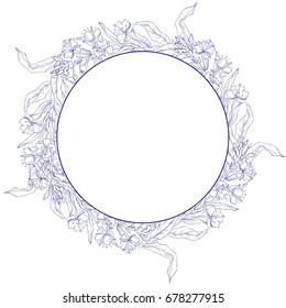 Willow herb, Chamerion angustifolium, fireweed, rosebay, Healing herb hand drawn sketch vector isolated on white, Round frame, wreath with space for text, for card, invitation, packaging tea, cosmetic