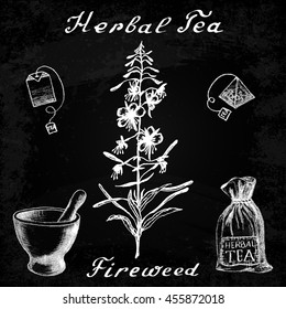 Willow herb, Chamerion, fireweed, hand drawn sketch botanical illustration. Vector drawing. Herbal tea elements - tea bag, bag, mortar and pestle. Lettering in English. Effect chalk board