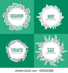 Willow herb, fireweed, rosebay, Blossoming oregano, sage, mint hand drawn sketch vector isolated on white, Round frame, wreath for card, label, sticker, invitation, packaging tea, cosmetic, medicine