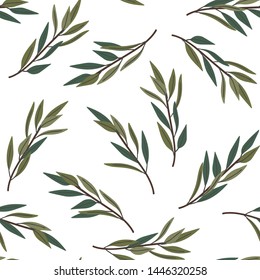 Willow leaf branch seamless pattern. Olive leaves. Spring summer fall soft green leaves.