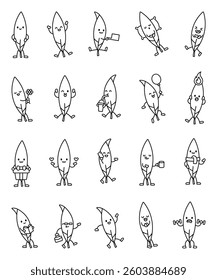 Willow leaf character set featuring various cute emotions and actions, including holding objects, expressing joy, greeting, reading, drinking, and exercising in an adorable botanical style