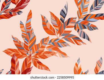 Willow leaves floral vector seamless pattern. Striped texture jungle foliage. Textile print with willow tree branches. Summer endless pattern with tropical leaves. Wallpaper cute design