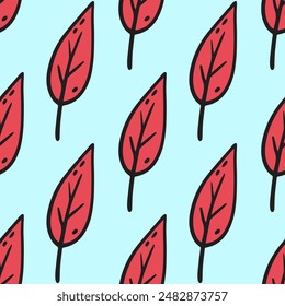 Willow leaves seamless pattern. Vector Scandinavian texture in doodle style. Fall pattern with Autumn leaves. Hand drawn autumn Leaf of willow. Vector illustration in Doodle style.