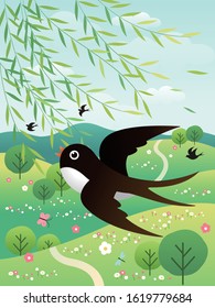 Willow leaves swallow flying over green trees in spring