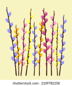 Willow. Multicolored stylized willow branches on a light yellow background. Can be used for Easter decorations.