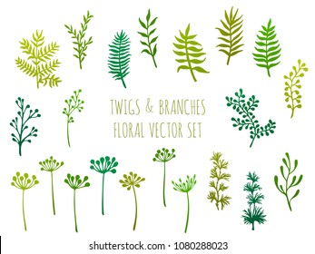 Willow and palm tree branches, fern twigs, lichen moss, mistletoe and spring grass herbs, dandelion flower vector illustrations set. Simple branches, twigs floral green collection isolated on white.