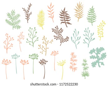 Willow and palm tree branches, fern twigs, lichen moss, mistletoe, savory grass herbs, dandelion flower vector illustrations set. Pale branches, twigs floral collection isolated on white