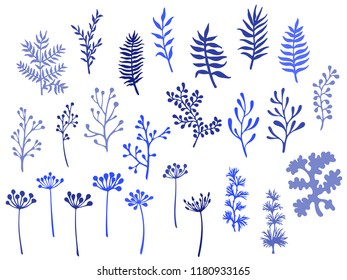 Willow and palm tree branches, fern twigs, lichen moss, mistletoe, savory grass herbs, dandelion flower vector illustrations set. Royal blue indigo branches, twigs floral collection isolated on white