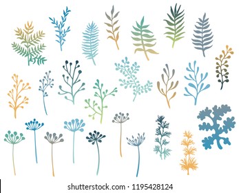 Willow and palm tree branches, fern twigs, lichen moss, mistletoe, savory grass herbs, dandelion flower vector illustrations set. Turquoise orange branches, twigs floral collection isolated on white