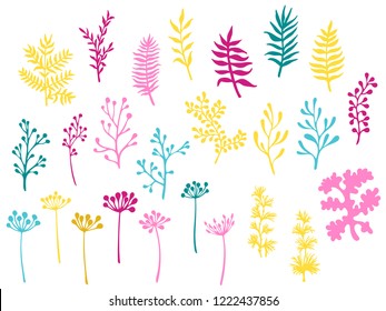 Willow and palm tree branches, fern twigs, lichen moss, mistletoe, savory grass herbs, dandelion flower vector illustrations set. Pink cyan yellow branches, twigs floral collection isolated on white